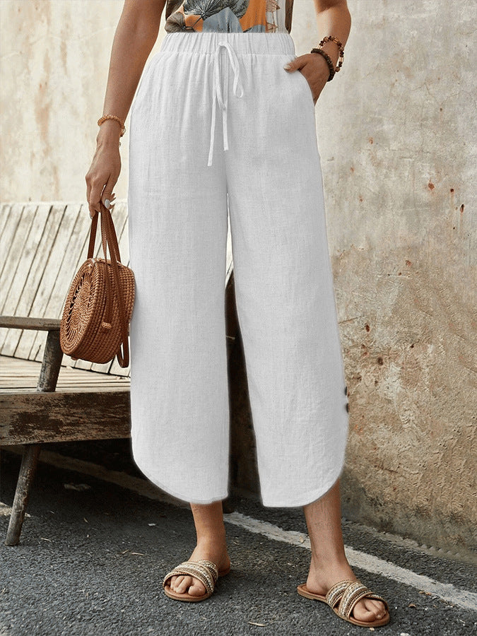 Cotton And Linen Drawstring Cropped Loose Pockets Casual Pants