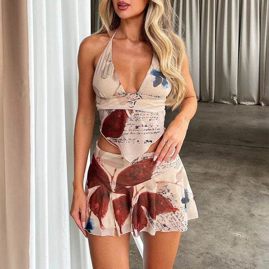 Conjunto de ropa de 2 piezas estampado, sexy, de verano con top halter con cuello en V y minifalda plisada para mujer