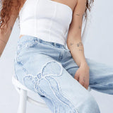 Women's Straight Trousers Embroidered Side Frayed Butterfly Jeans