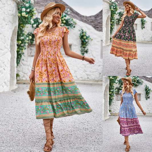 Akatonbo New Flowers Print V-Neck Dress Summer Casual Ruffle Sleeveless Dresses Bohemian Holiday Beach Dress For Womens Clothing