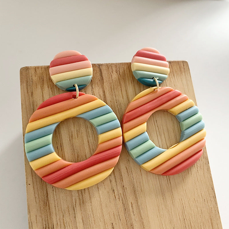 Aggregate Brickearth Polymer Clay Earrings Rainbow Bar Multicolor Art