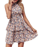 Summer Printed Halter Dress Fashion Boho Backless Ruffled A-Line Beach Dress