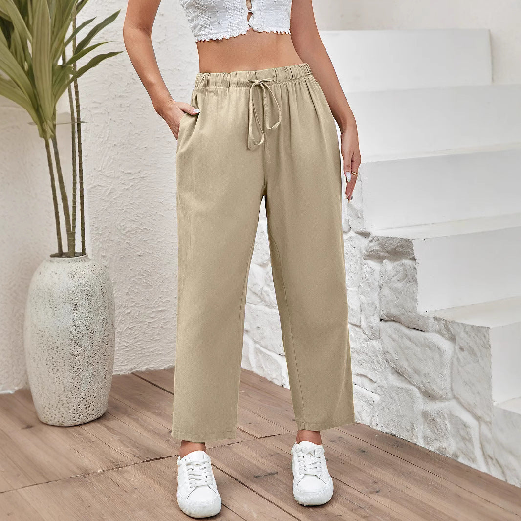 Women's Drawstring Elastic Cotton And Linen Casual Cropped Pants