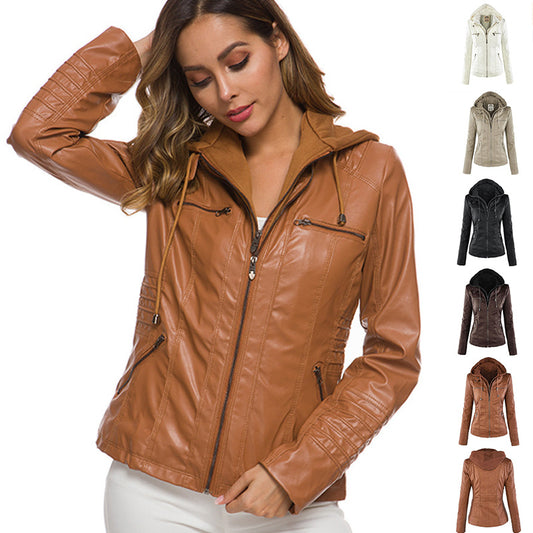 Chaqueta de moda con capucha desmontable y bolsillos, color sólido informal, cremallera, manga larga, abrigo de cuero, ropa de otoño e invierno para mujer