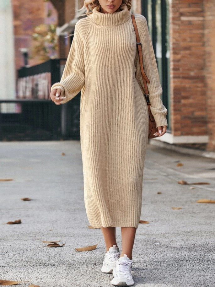 Long Below The Knee Loose High Collar Knitted Dress
