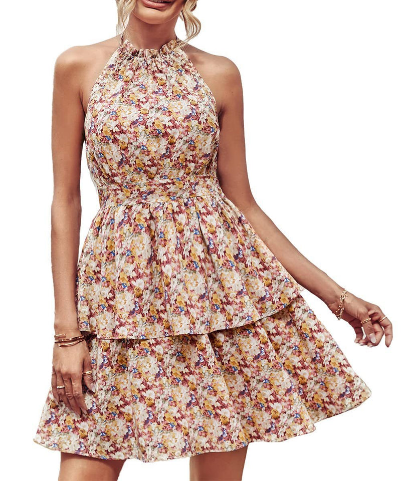 Summer Printed Halter Dress Fashion Boho Backless Ruffled A-Line Beach Dress