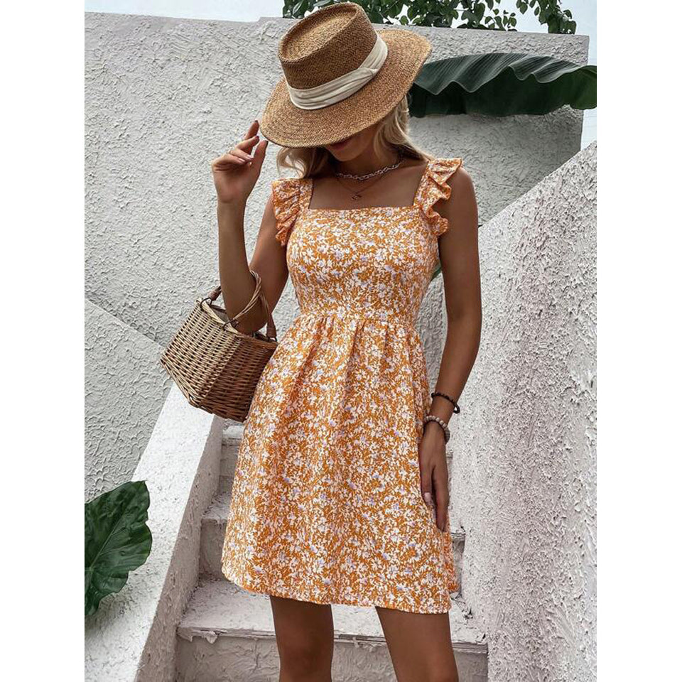 Summer Square-Neck Ruffled Sleeveless Dress With Bow-Tie Backless Design Fashion Casual Holiday Beach Dresses For Womens Clothing
