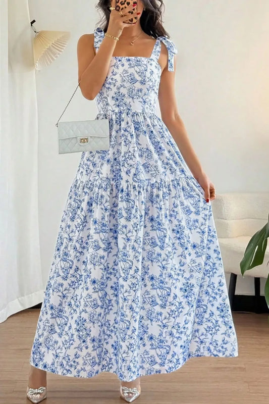Shop Floral Print Knot Straps High Waist Flared Maxi Dress - Women's Fashion | Akatonbo
