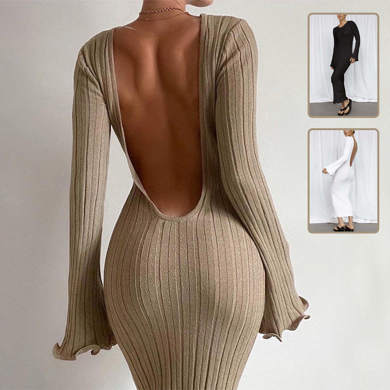 Vestido maxi de punto ajustado de moda con volantes y manga larga, con espalda descubierta y sexy estilo de envoltura de cadera para fiesta, playa, ropa de mujer