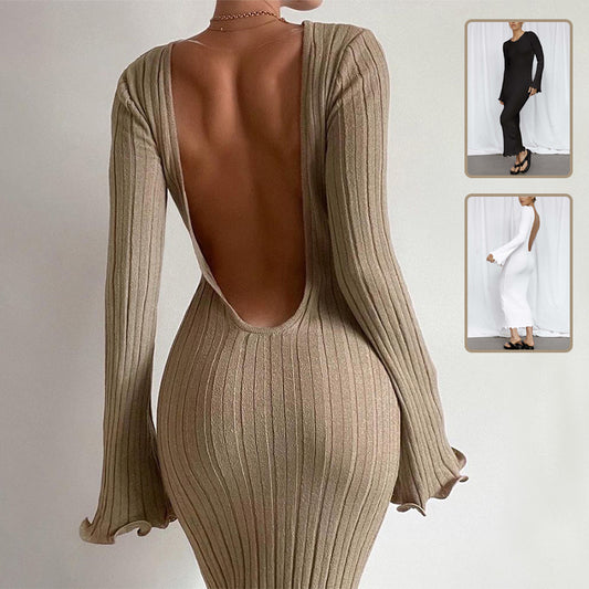 Vestido maxi de punto ajustado de moda con volantes y manga larga, con espalda descubierta y sexy estilo de envoltura de cadera para fiesta, playa, ropa de mujer