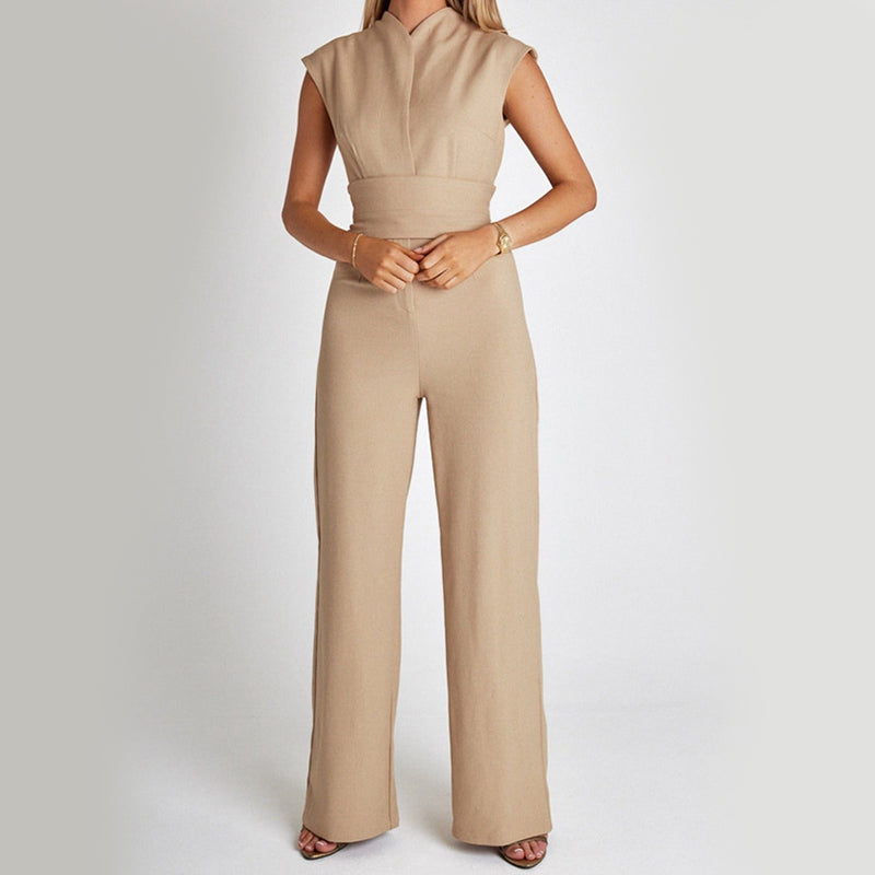 Elegant Sleeveless Jumpsuit Summer V-neck Casual Wide Leg Long Overalls