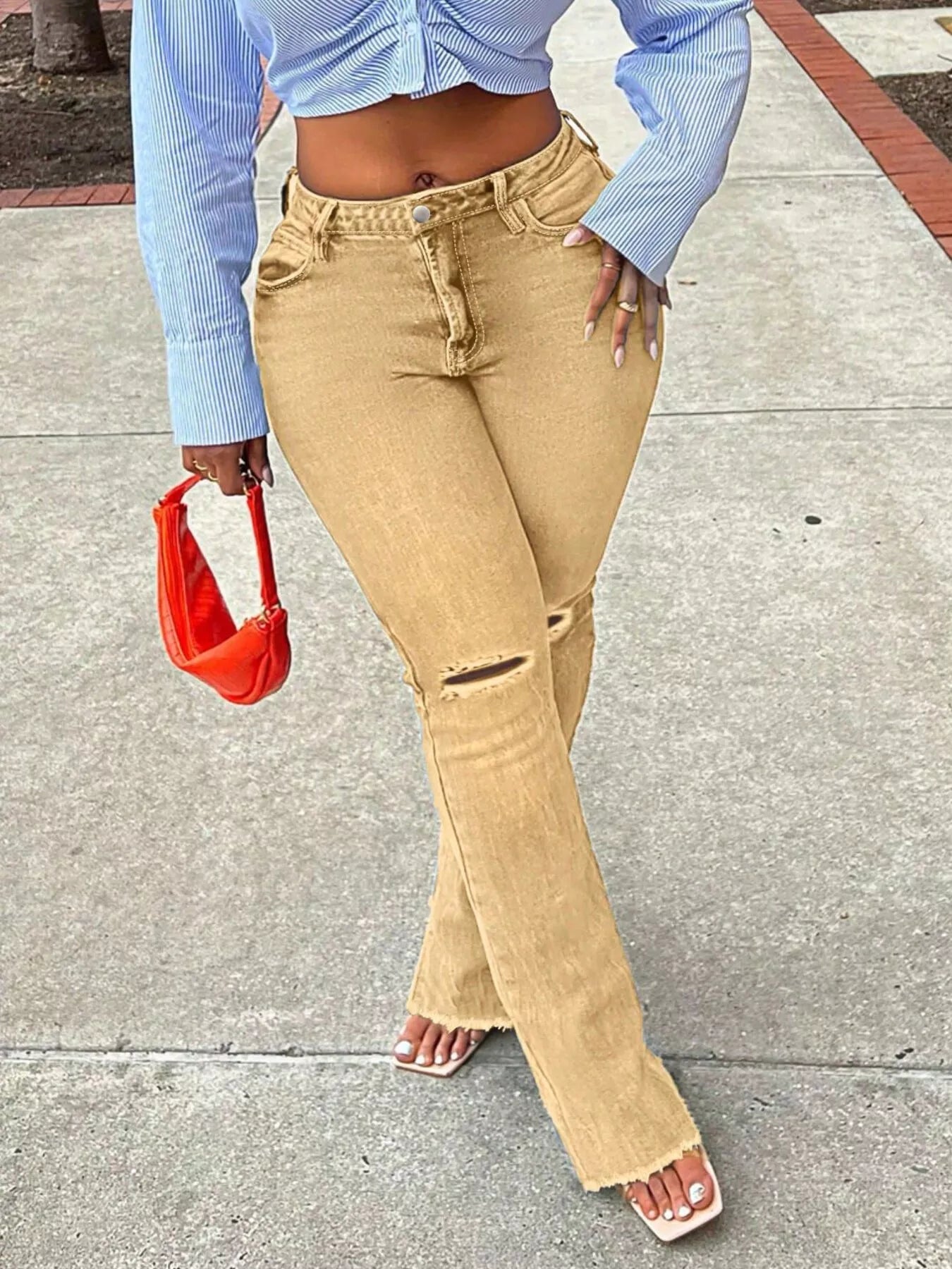 Shop Ripped Knee Flare Jeans - Women's Fashion | Akatonbo