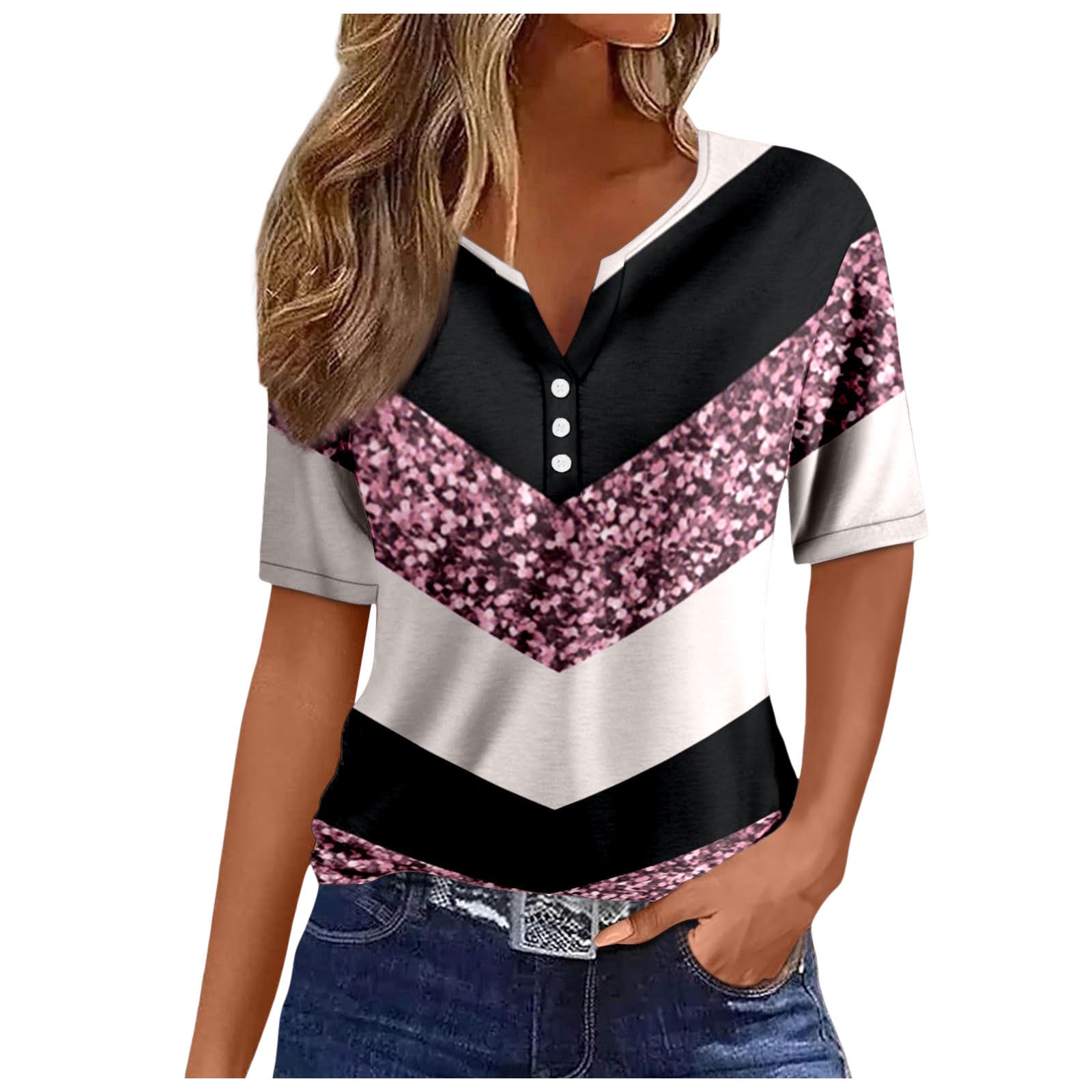 Women's V-neck Printed Loose Short Sleeve Tops