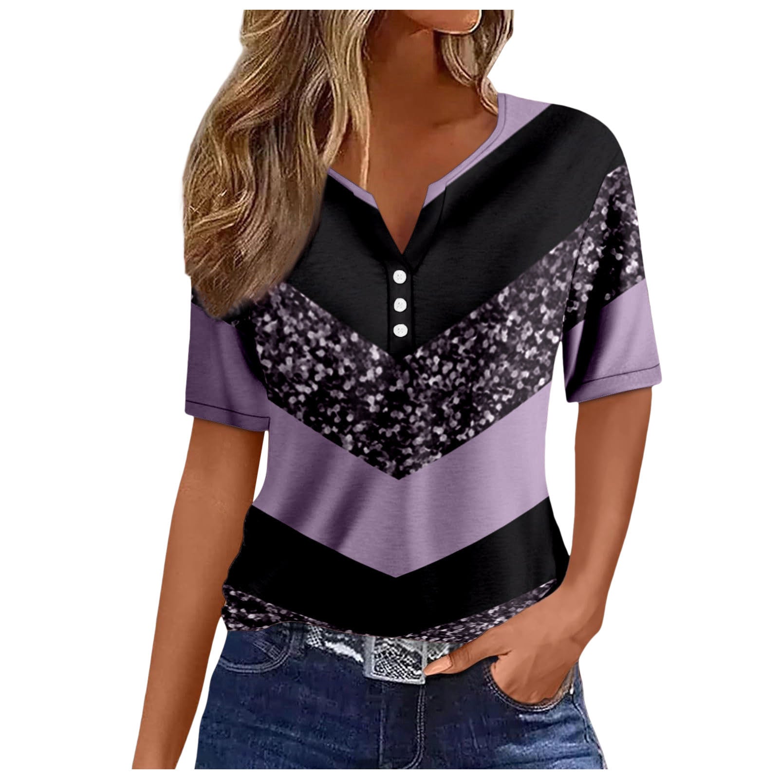Women's V-neck Printed Loose Short Sleeve Tops