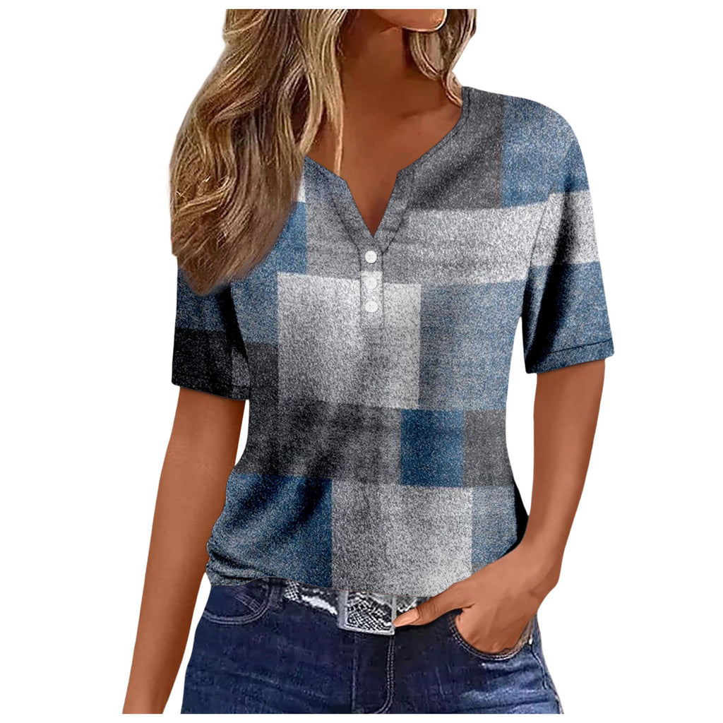 Women's V-neck Printed Loose Short Sleeve Tops