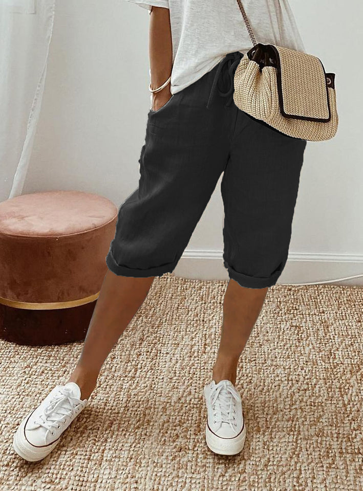 Women's Cotton And Linen Pocket Elasticated Slacks Women's Short Pants