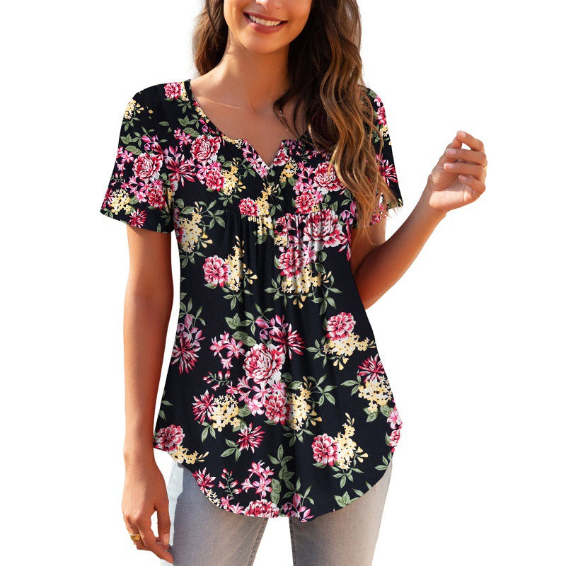 Women's Loose Fitting Floral Top. Short Sleeve For Spring and Summer