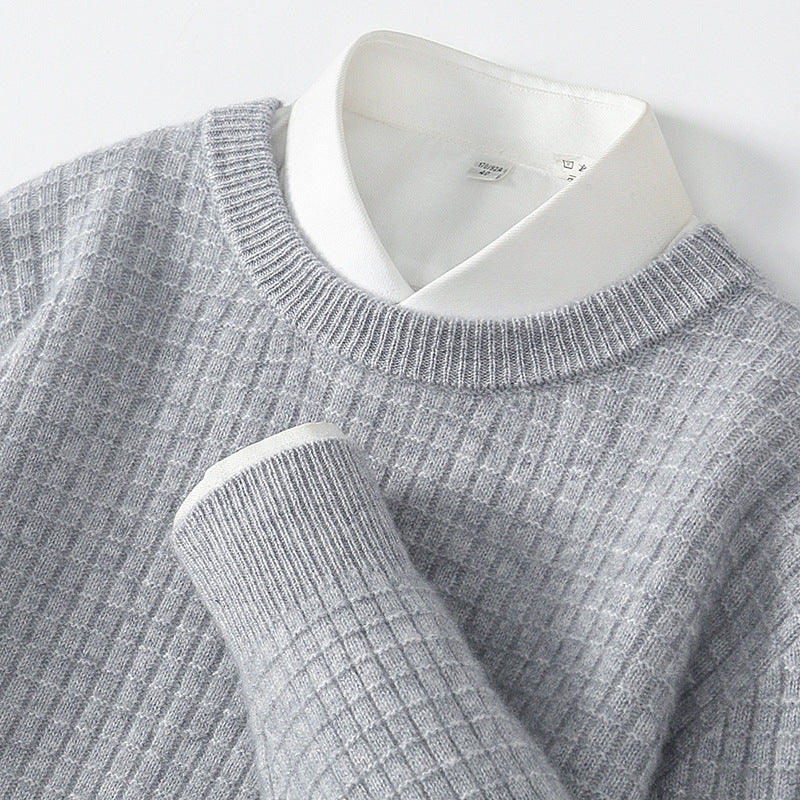 Men's Round Neck Woolen Sweater Business Casual Plaid Jacquard