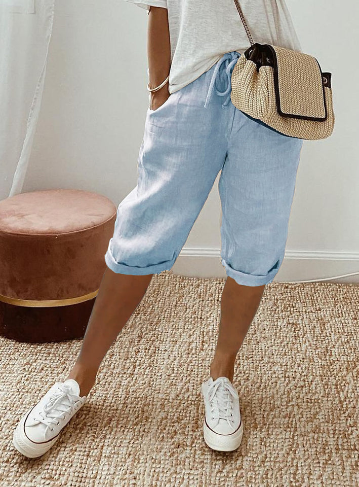 Women's Cotton And Linen Pocket Elasticated Slacks Women's Short Pants