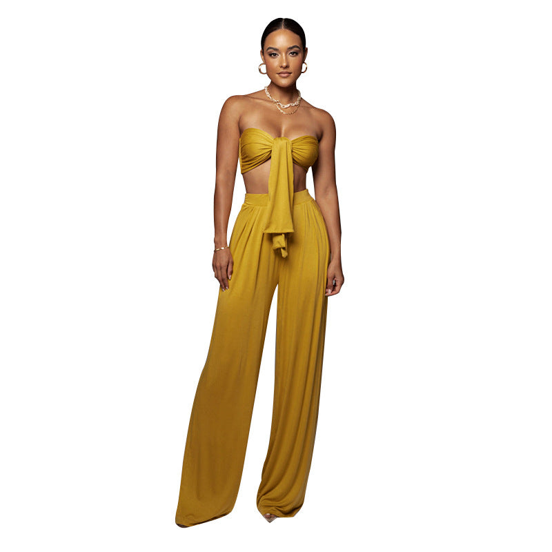 Women's Tube Top Mid-waist Wide-leg Pants Two-piece Set