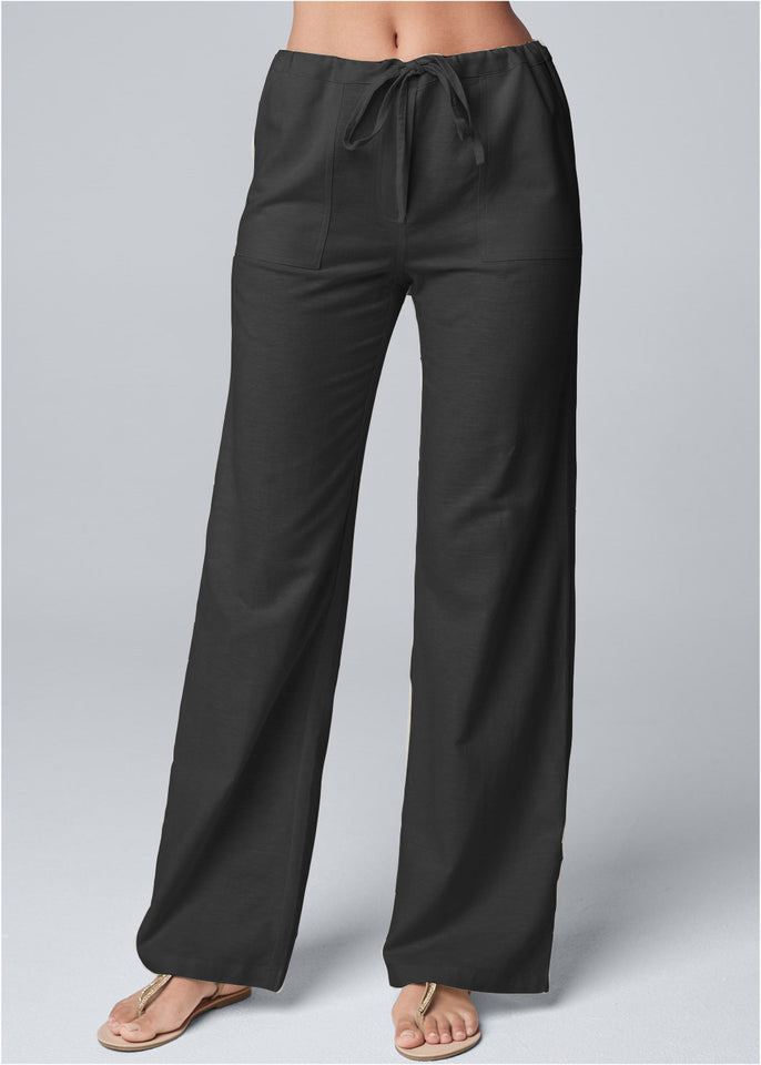 Women's Fashion Solid Color Loose Lace-up Cotton And Linen Wide-leg Pants