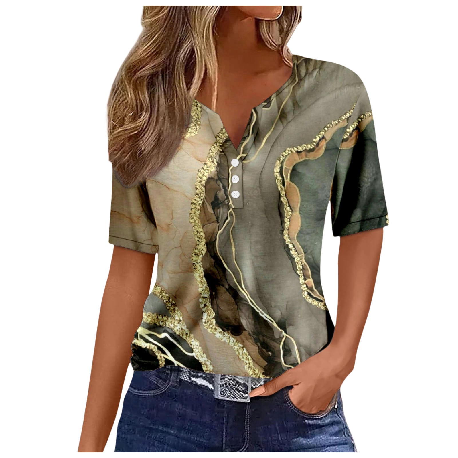 Women's V-neck Printed Loose Short Sleeve Tops