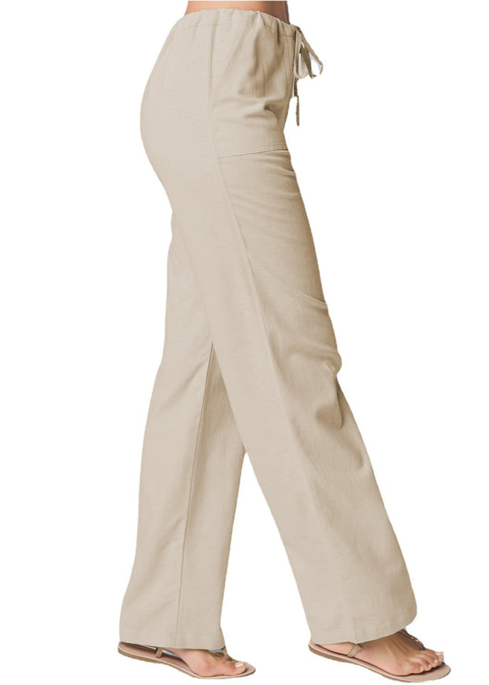 Women's Fashion Solid Color Loose Lace-up Cotton And Linen Wide-leg Pants