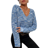New Autumn And Winter European And American Fashion Short Blue Long Sleeved V-neck Sweater