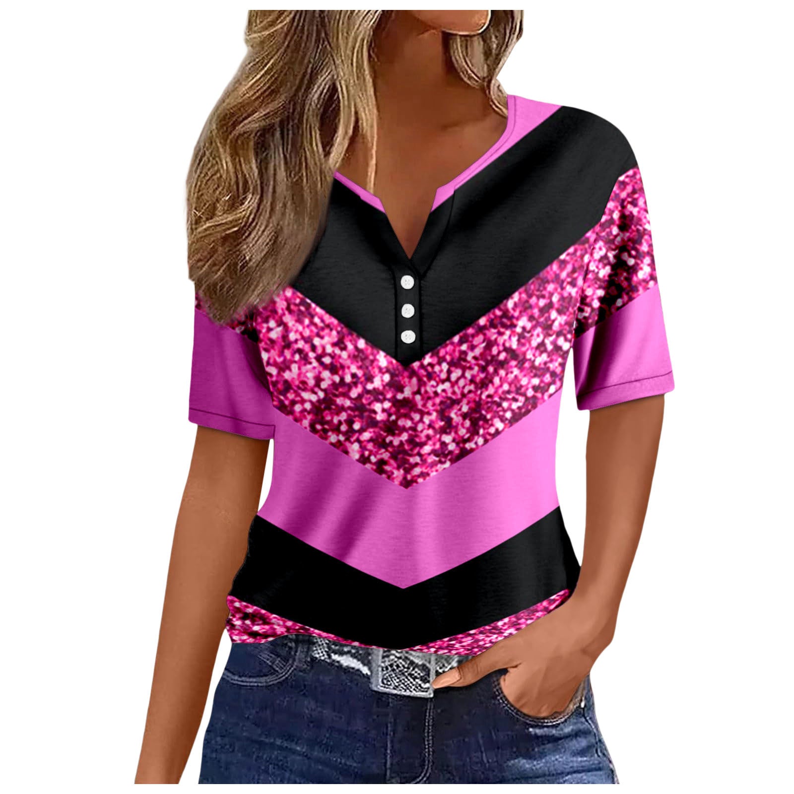 Women's V-neck Printed Loose Short Sleeve Tops