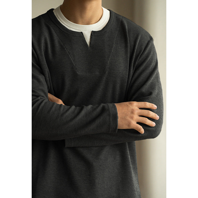 Three-dimensional Waffle Loose False Two Pieces Short Sweater For Men