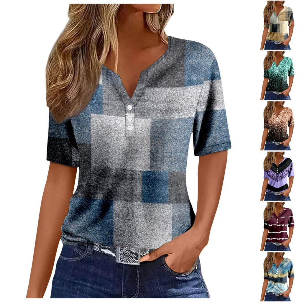 Women's V-neck Printed Loose Short Sleeve Tops