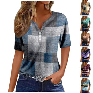 Women's V-neck Printed Loose Short Sleeve Tops