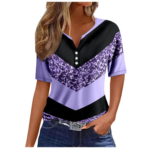 Women's V-neck Printed Loose Short Sleeve Tops