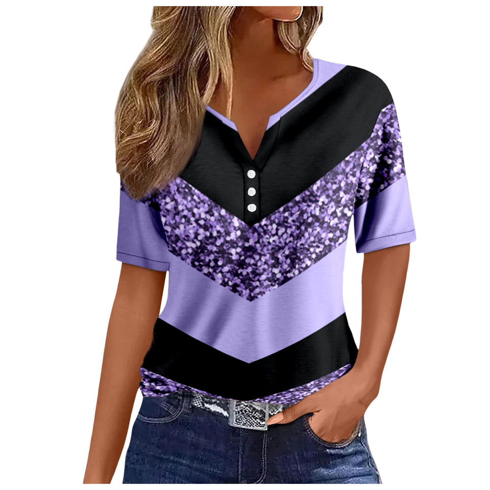 Women's V-neck Printed Loose Short Sleeve Tops
