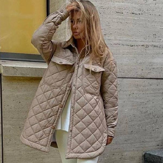 Chaqueta acolchada de algodón larga, con solapa, suelta y cálida con diseño de rombos