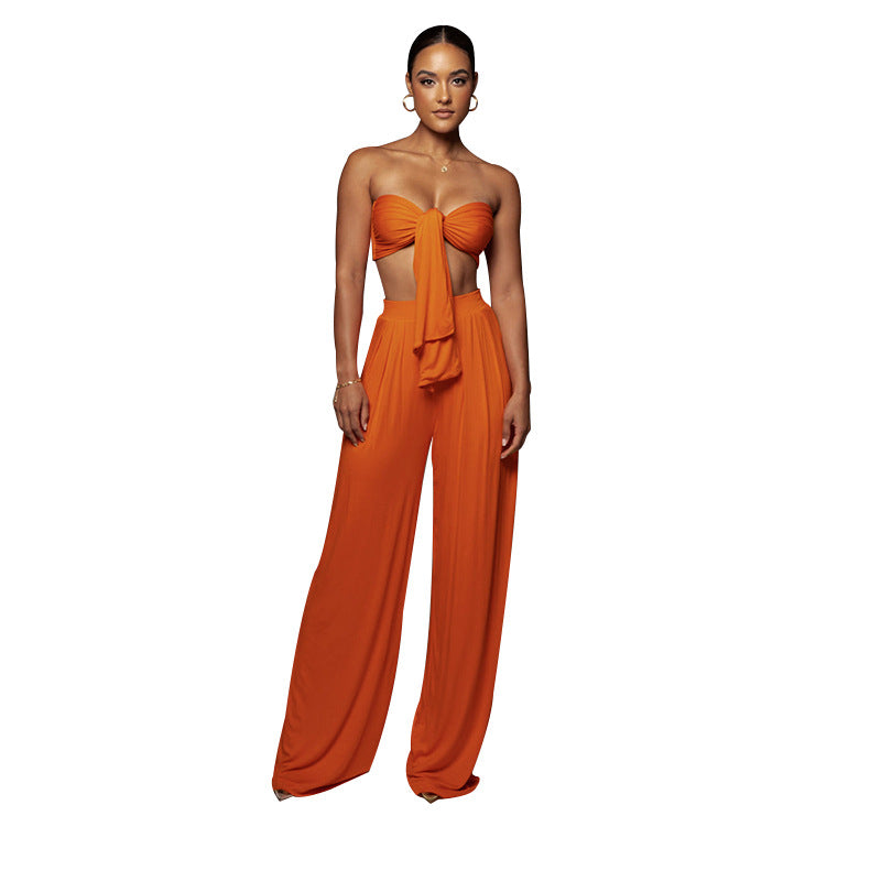 Women's Tube Top Mid-waist Wide-leg Pants Two-piece Set
