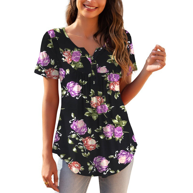 Women's Loose Fitting Floral Top. Short Sleeve For Spring and Summer