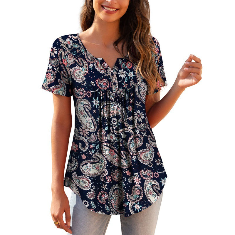 Women's Loose Fitting Floral Top. Short Sleeve For Spring and Summer