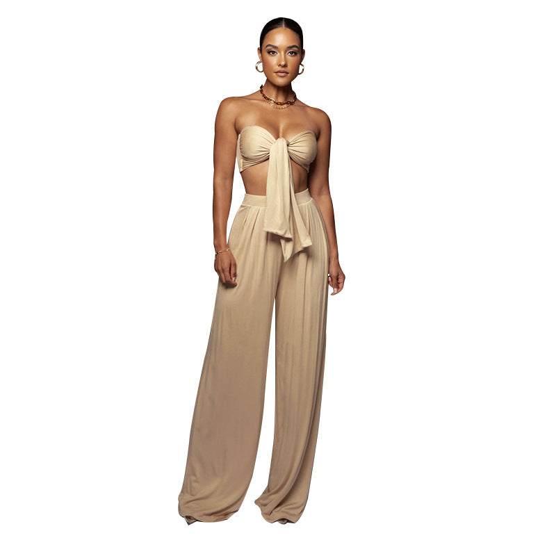 Conjunto de dos piezas de top sin tirantes y pantalón de pernera ancha de talle medio para mujer