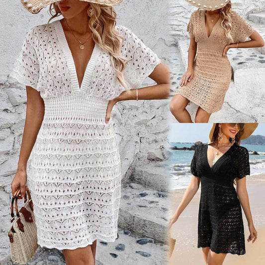 Akatonbo Deep V-Neck Beach Dress Wave Pattern Hollow Out