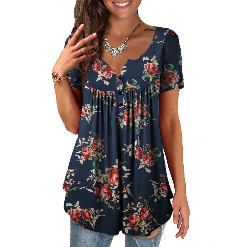 Women's Loose Fitting Floral Top. Short Sleeve For Spring and Summer