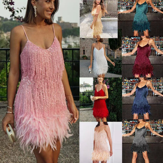 Akatonbo V-Neck Strap Feather Stitching Dress