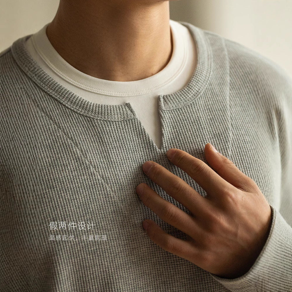 Three-dimensional Waffle Loose False Two Pieces Short Sweater For Men