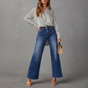 Washed Dark Blue Straight High Elastic Women's Denim Jeans