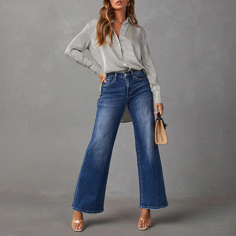 Washed Dark Blue Straight High Elastic Women's Denim Jeans