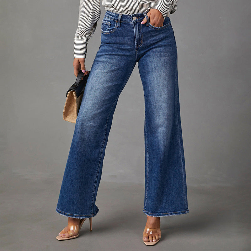 Washed Dark Blue Straight High Elastic Women's Denim Jeans