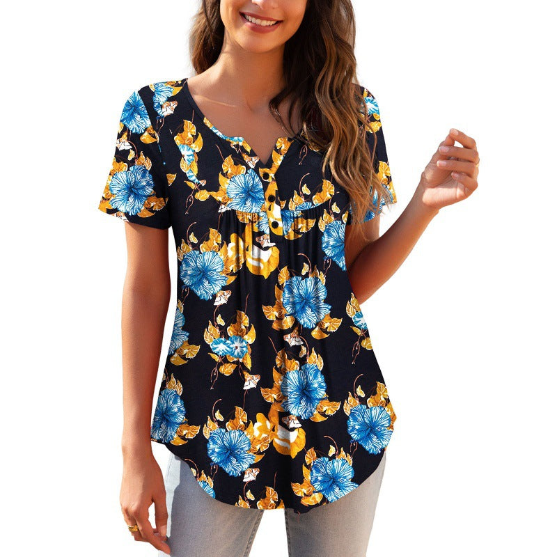 Women's Loose Fitting Floral Top. Short Sleeve For Spring and Summer