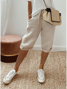 Women's Cotton And Linen Pocket Elasticated Slacks Women's Short Pants
