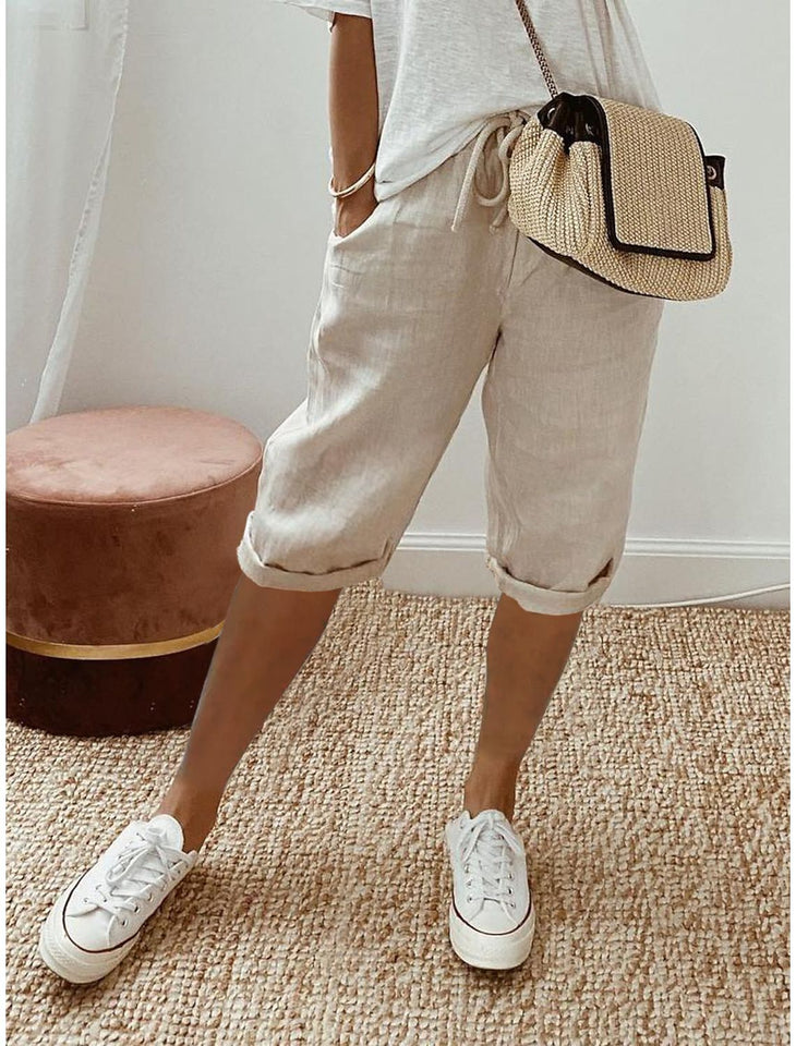 Women's Cotton And Linen Pocket Elasticated Slacks Women's Short Pants
