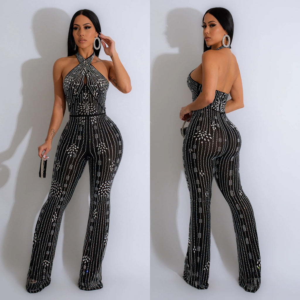 Rhinestone Sleeveless Halter Jumpsuit